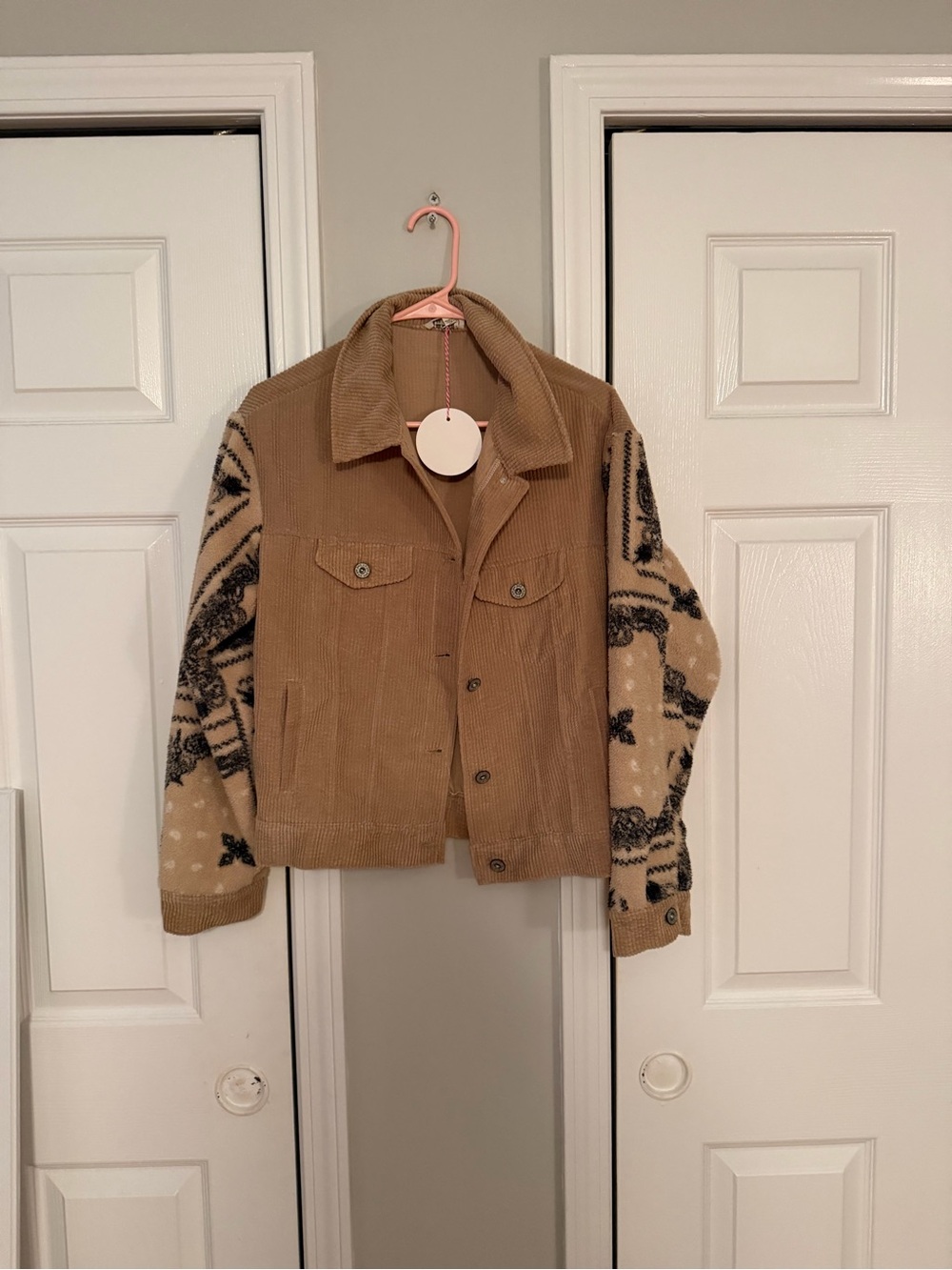 Umgee Tan Corduroy Jacket with Patterned Knit Sleeves